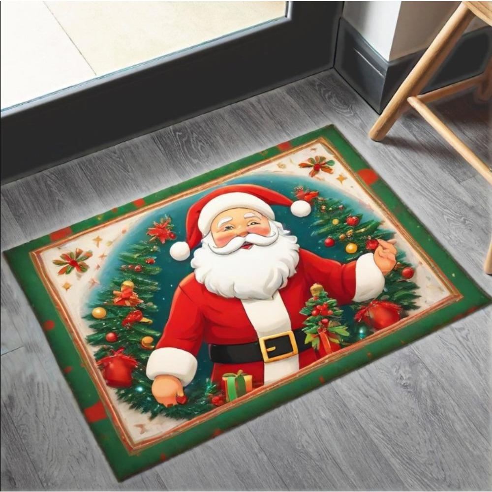 Christmas & Floral Carpet Mat Rug Santa Deer Design with Gift Boxes & Poinsettia Non-slip Home Decoration Welcome Mat Home Rugs