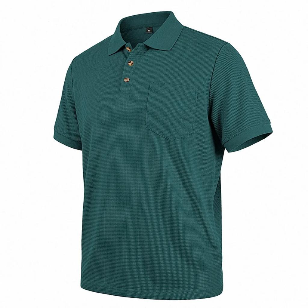 Men's Breathable Waffle Knit Polo Shirt Short Sleeve Button Placket Chest Pocket Loose Fit Summer Tops