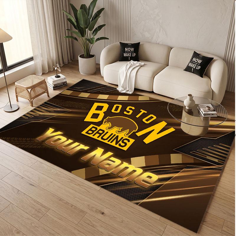 Benutzerdefinierter Teppich Boston Bruins Muster Druck Name Text Weicher Rutschfester Bodenbelag für Heim-Innenraumdekoration