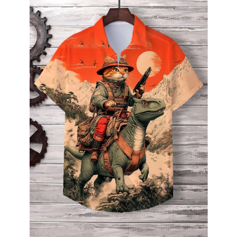 Herren Katzen Grafik Shirts Kurzarm Button-Down Revershemd für Sommer Übergroße Oberteile Urlaub Lässig Hawaiianhemden
