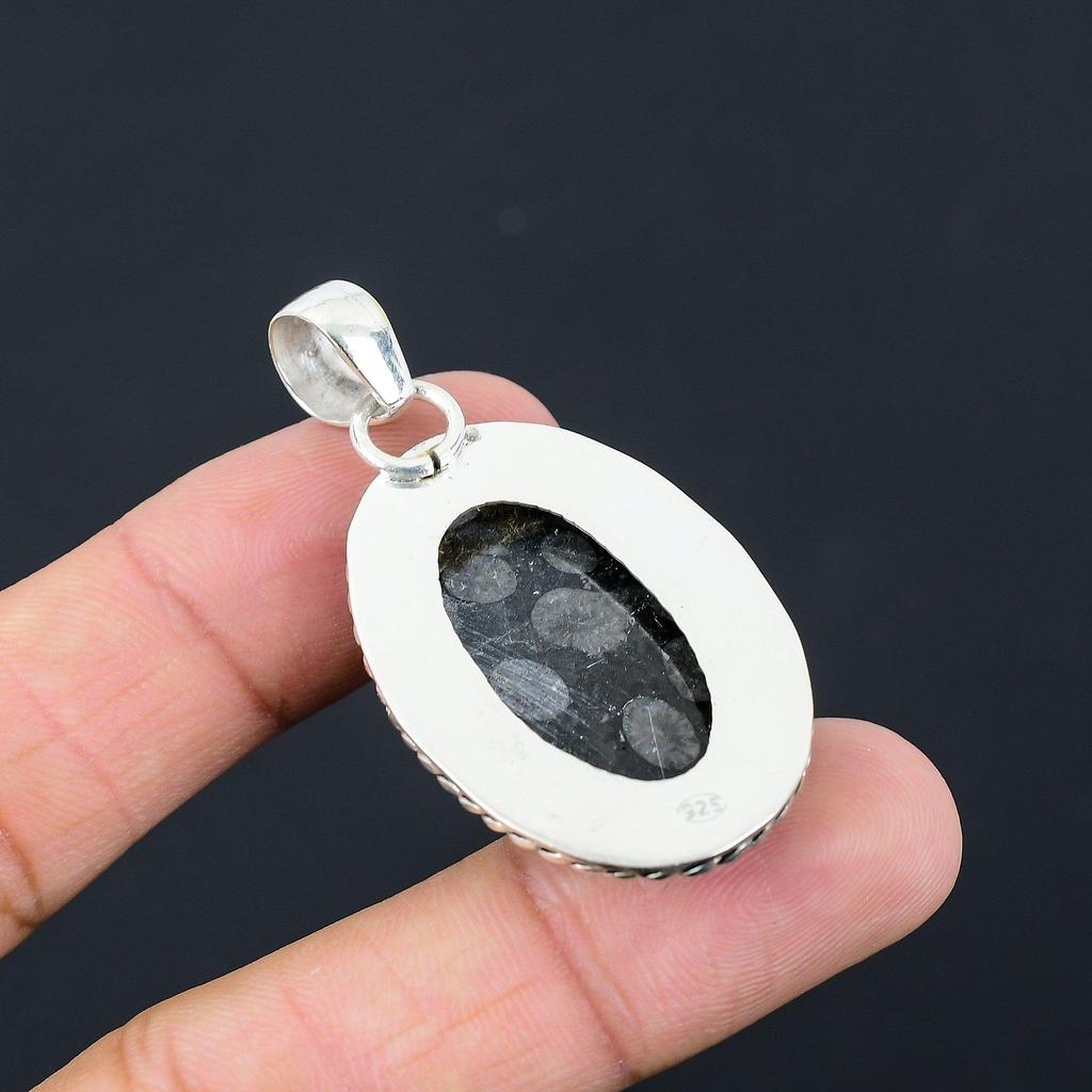 Mothers Day Sale Oval Black Fossil Coral Stone Sister Pendant Jewelry 925 Silver
