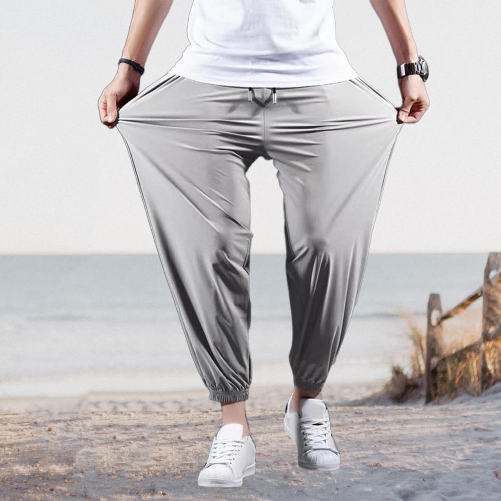 Men Sport Pants Ice Silk Relaxed Fit Ankle-banded Pockets Drawstring Elastic Waist Soft Breathable One Tone Gym Traning Jogging Swe