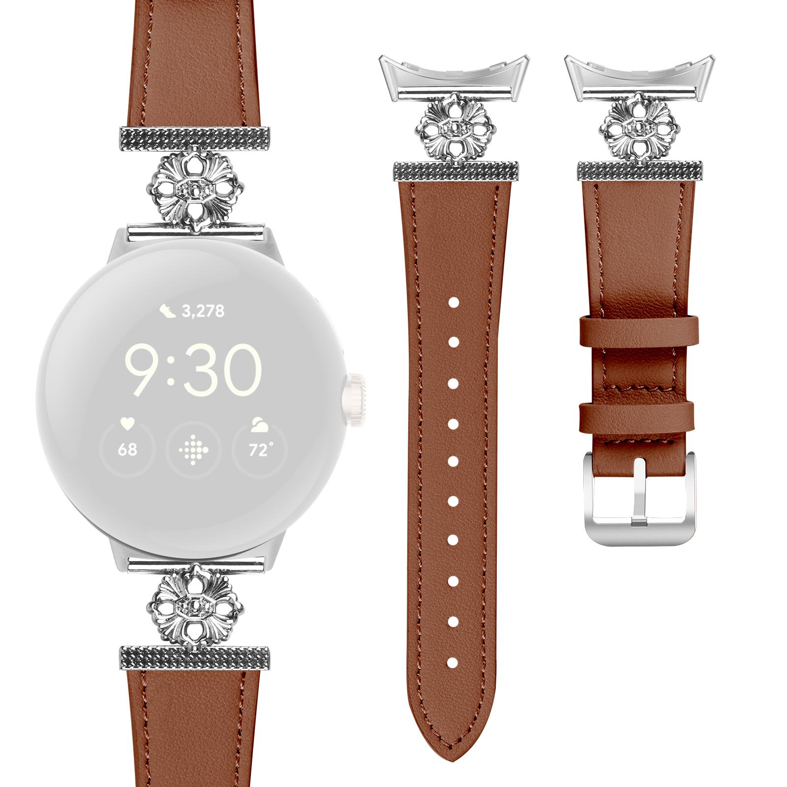 

Для Google Pixel Watch 3 41мм/Watch 2/Pixel Watch Ремешок из натуральной коровьей кожи с цветочным декором, регулируемый Brown