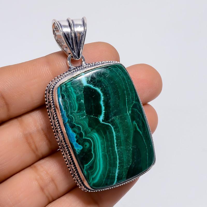 Immaculate A One Qualite 100% Natural Malachite Chrysocolla Radiant Shape Vintage Handmade Jewelry 925 Steling Silver Pendant 2.2" WSJ-4869