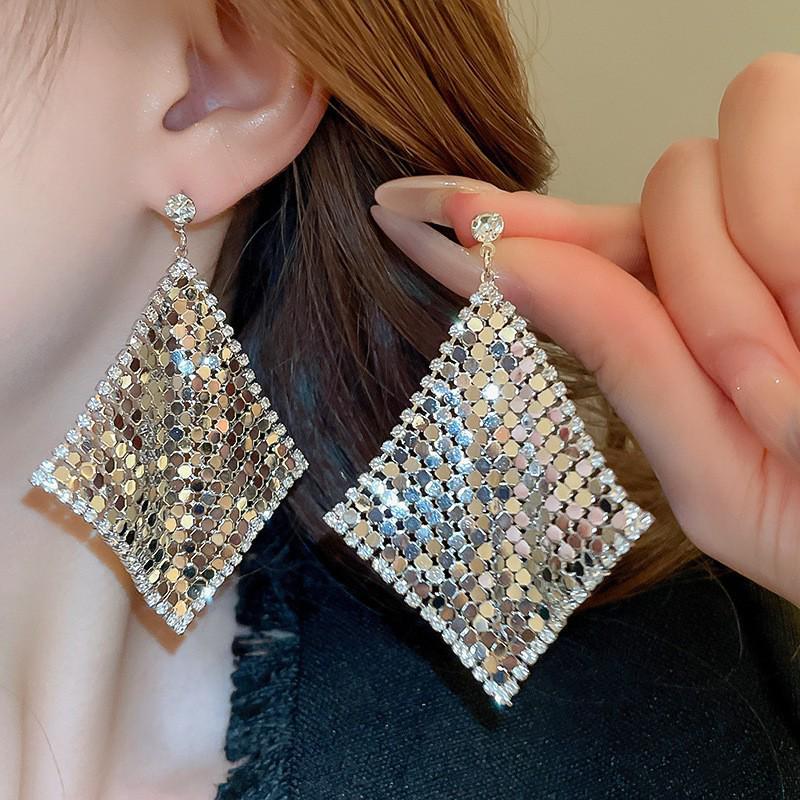 European and American Luxury Irregular Silver Needle Earrings with Rhinestone Inlay