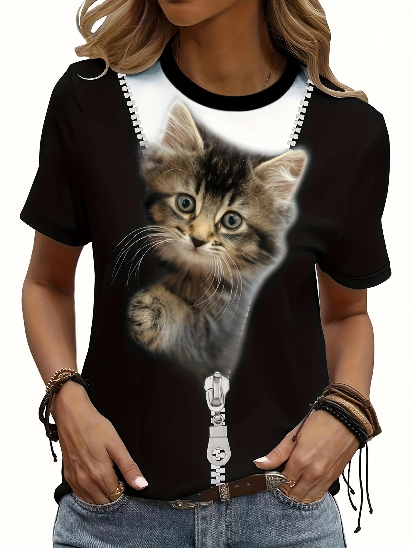 

Pocket Cat Print T-Shirt for Women. Sweet and Cool Contrast with a Girly Feel. Versatile Daily Casual Top. Zipper with Cute Cat Print. Fun Visual Vibe M дубильная кора