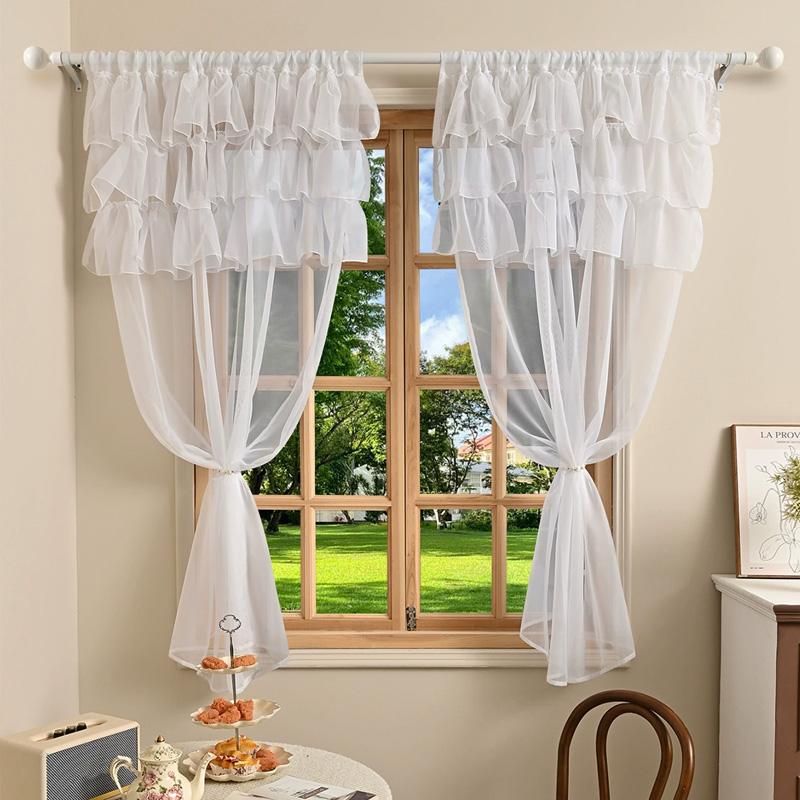 1PC Home Decor Bedroom Door Sheer Curtains French Window Curtain Rococo Rod Pocket Design for Living Room 3-Bar Ruffled