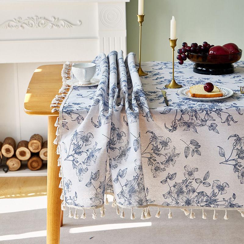 Elegant French Vintage Blue Rose Floral Blend Tablecloth with Beige Tassels - Rectangular, Perfect for Dining, Picnics, Parties, Weddings