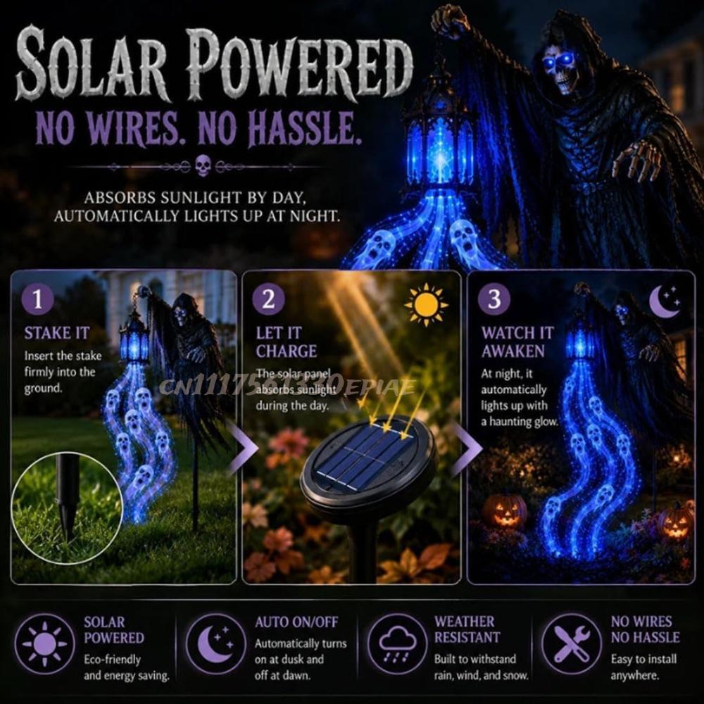 Luce Giardino Animata Falce Fauchard, Luce Giardino Halloween Mietitore di Anime, Decorazione Giardino Halloween con Fantasma Luminoso e Lanterna