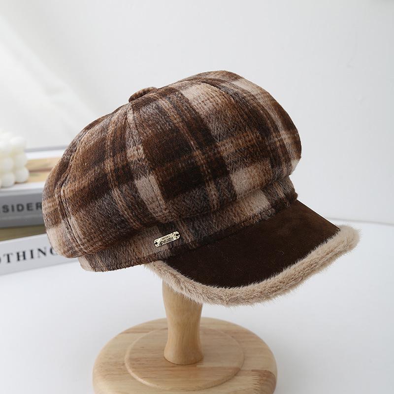 Vintage Plaid Octagonal Beret Women Autumn Winter Hats For Women Keep Warm Painter Cap New