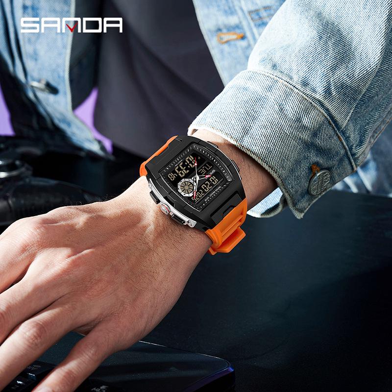 SANDA Barrel-Shaped Men's Watch: Dual Display, 50M Waterproof, Luminous, World Time, Stylish & Versatile