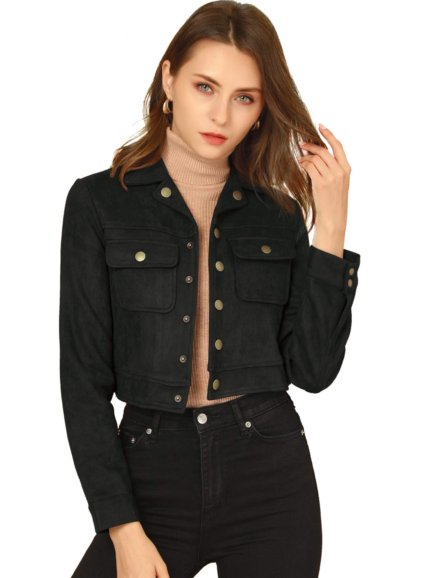 

Allegra K Women s Cropped Jacket, Faux Suede, Fold-Over Collar, Button Pockets, Black, Size XL