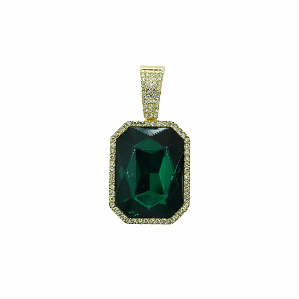 Collana Pendente Hip Hop da Uomo con Pietra Preziosa Colorata Quadrata e Catena Cubana Interamente Diamantata - Gioielli Unisex