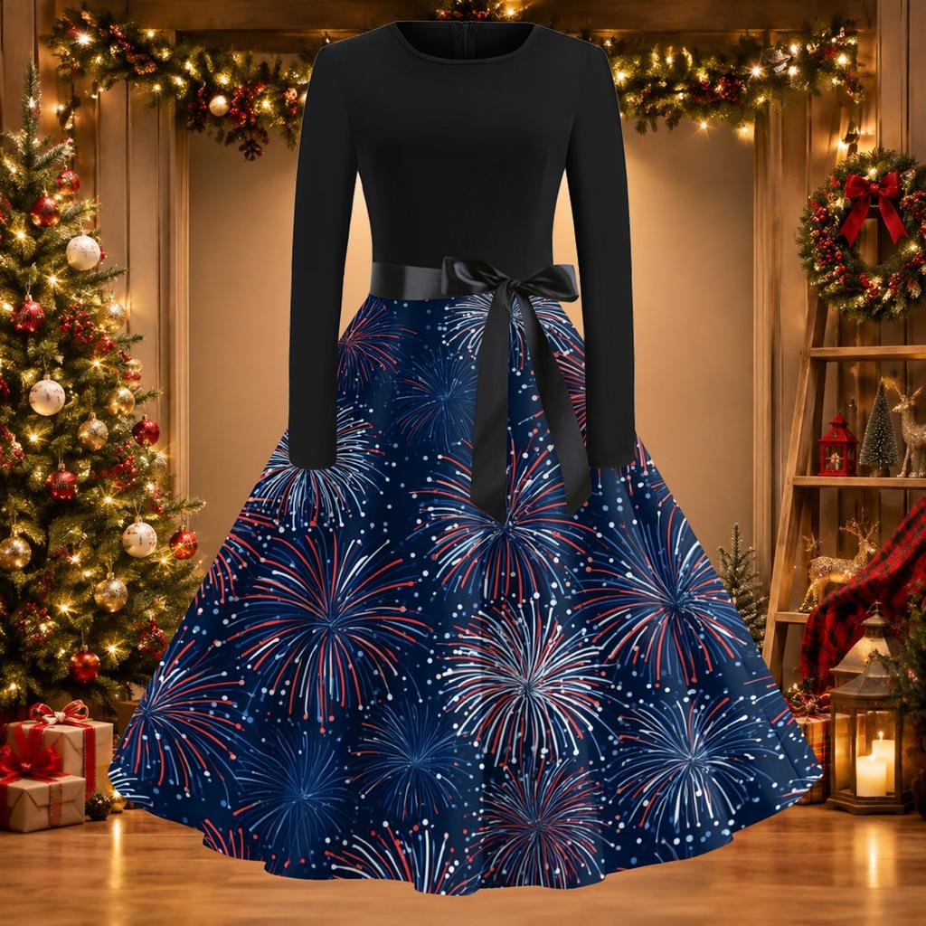 Women's Vintage Christmas Print Round Neck Casual Dress