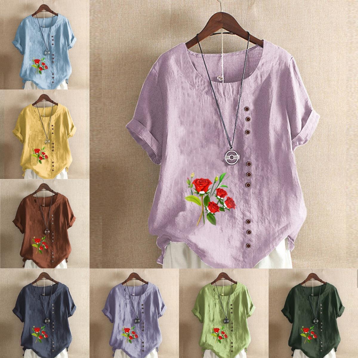 

Жіноча мода квіти Prined круглий виріз короткий рукав футболка повсякденна бавовна лляна графічна сорочка дозвілля вільні літні блузки топи плюс розмір 5XL зелений