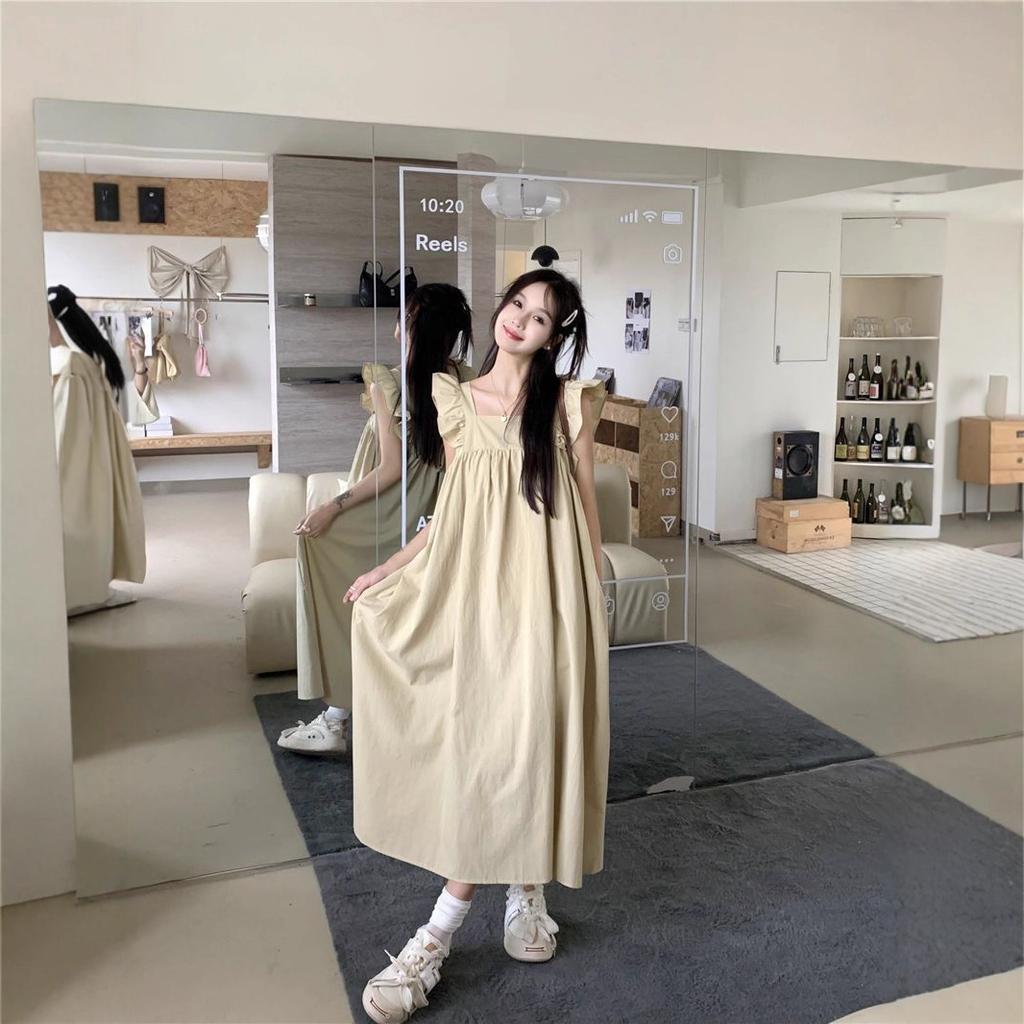 Sweet age-reducing backless strap bow flying sleeve dress summer new meat-covering and thin a-word long skirt