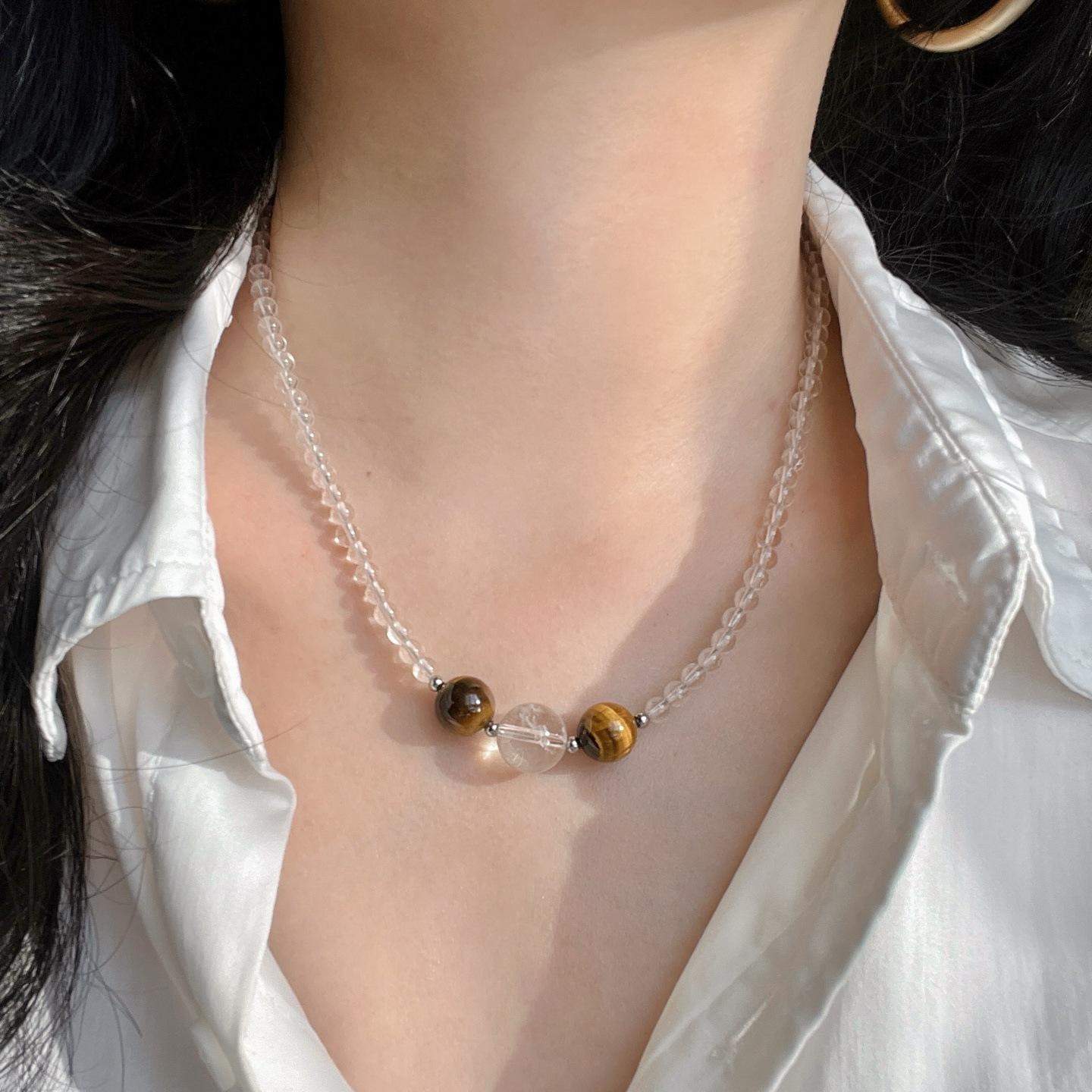 

High Quality Ice-Through Natural White Crystal Tiger S Eye Stone Design Sense Collarbone Chain Necklace