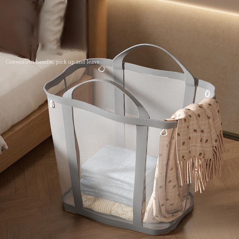 Nylon Mesh Laundry Basket With Handle Breathable Folding Portable Dirty Clothes Organizer Bags Large Capacity Toys Storage Bag