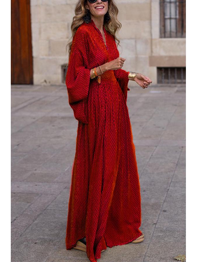 2026 Women's Spring/Summer V-Neck Long Sleeve Loose Dress with Cinched Waist and Wide Hem