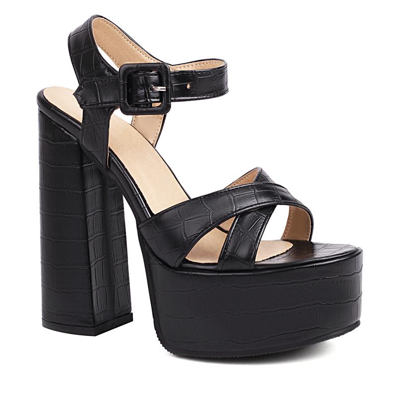 

Ultra High Thick Heels Crossed Thin Straps Peep Toe Shoes Stone Pattern High Platform Square Buckle Women s Sexy Sandals 37 чорний
