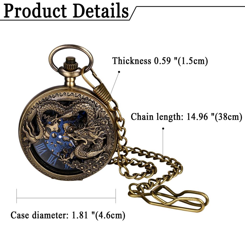 Pocket Watch Automatic Winding Mechanical Dragon Roman Alphabet Analog Display Skeleton Waterproof Retro Antique Pendant Watch Pocket Watch with Chain