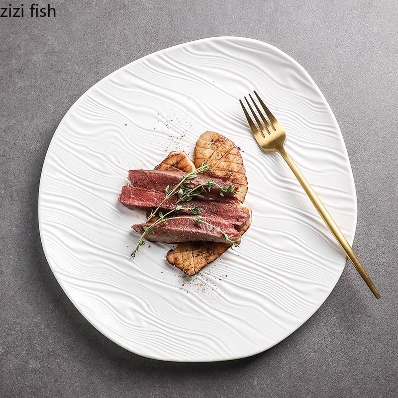 Water Ripple Ceramic Shallow Plate Pure White Irregular Salad Plate Steak Plate Dessert Plates Restaurant Creative Tableware