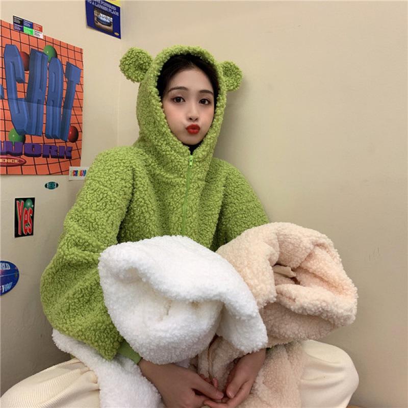 

Women s Fun Lambswool Bear Ears Coat - Autumn/Winter, Loose Fit M