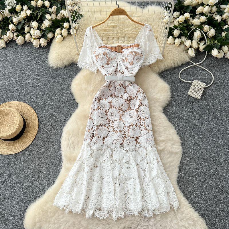 

French style Noble Elegant Formal Dress Women Summer Fashion Bow Waist Hugging Square Collar Short sleeve Lace Slim fit Fishtail Dress White L