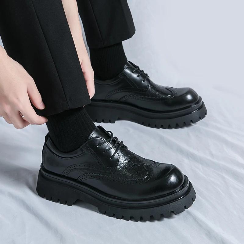 Buty Męskie Ślubne Na Grubej Podeszwie Sznurowane Oksfordy Męskie Stylowe Męskie Buty Fryzjerskie Luksusowa Marka Skórzane Modne Obuwie Męskie
