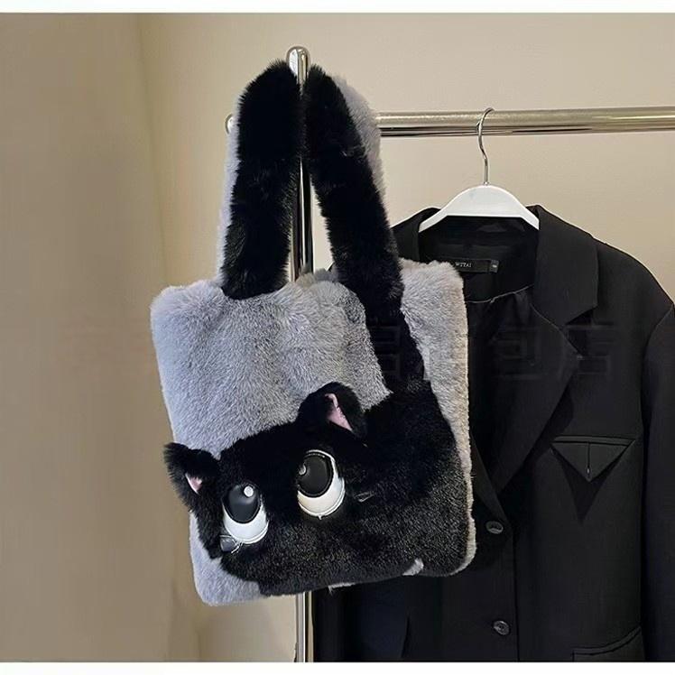 2026 Cute Cat Color Block Tote: Plush Single Shoulder Bag, Lightweight, Large Capacity