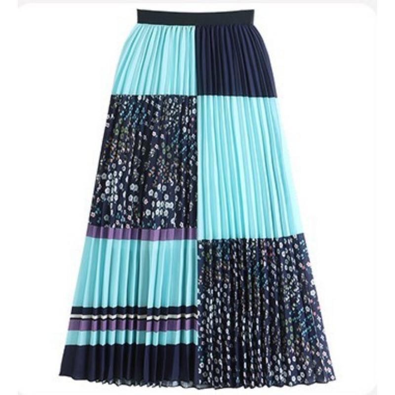 DX~~ New Retro Digital Print Skirt Women's High-waisted Slim Midi A-line Pleated Skirt