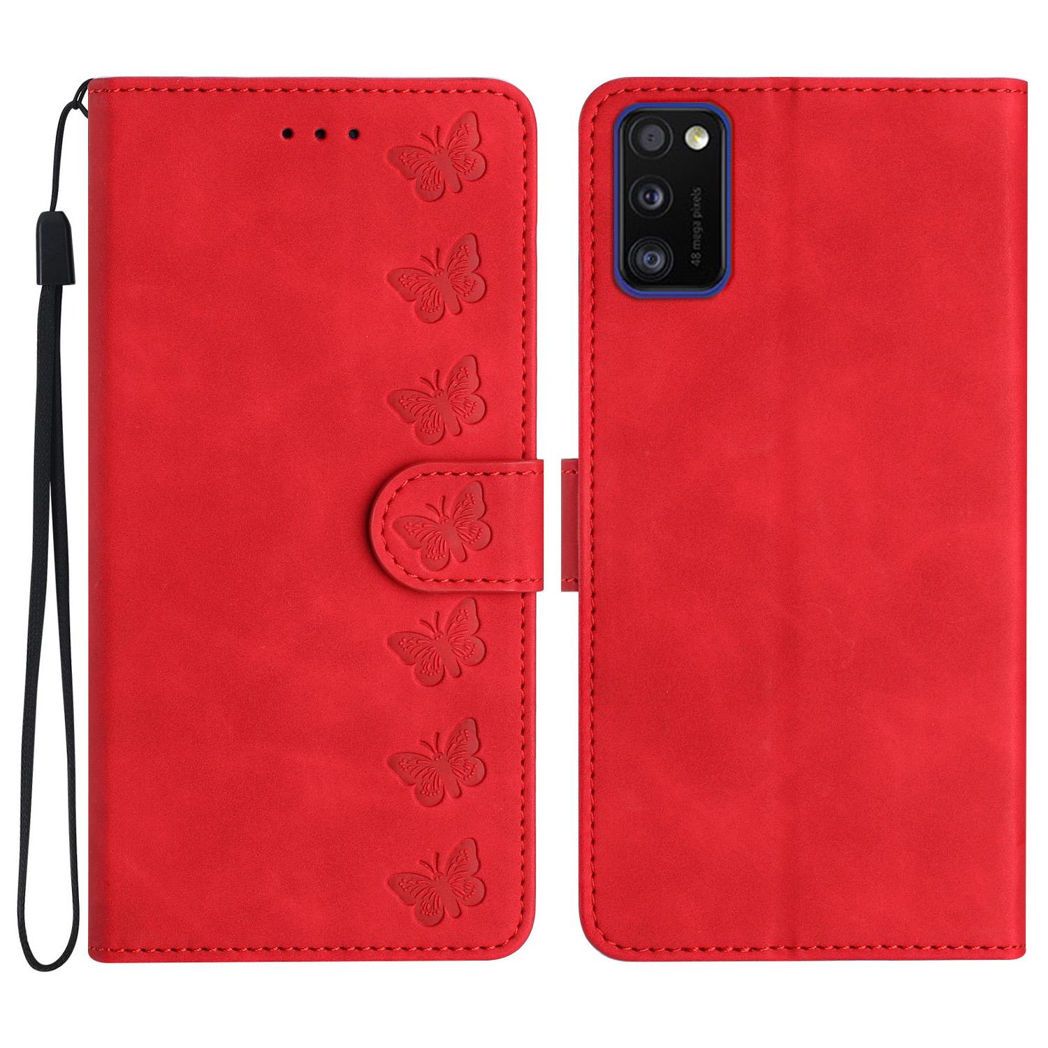 

Leather Case for Samsung Galaxy A41 (Global Version) Butterfly Imprinted Phone Cover with Stand Wallet Red