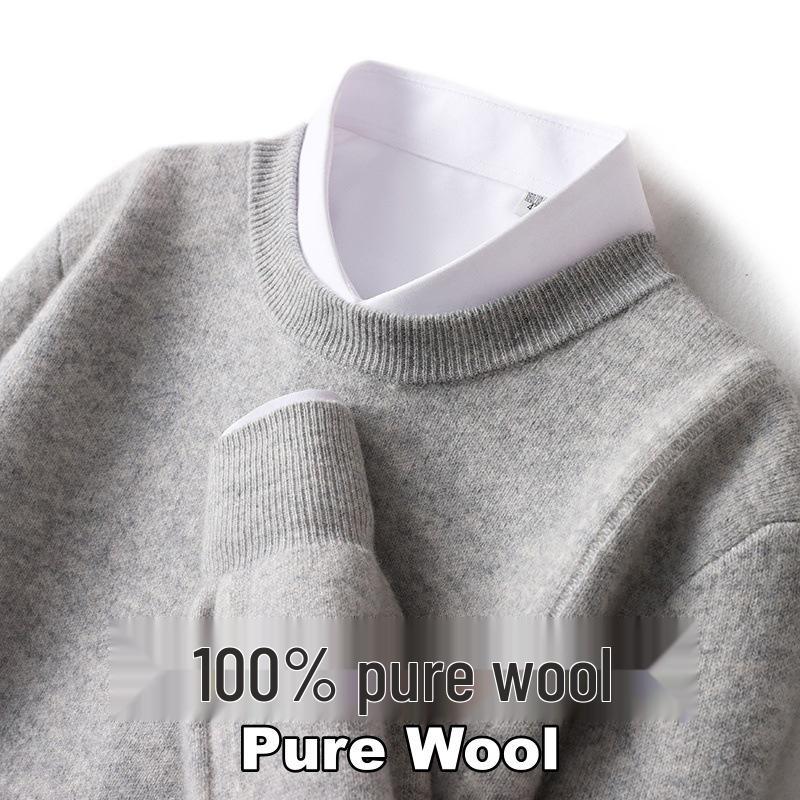 Men's Loose Round Neck 100% Wool Autumn & Winter Thick Knit Pullover Sweater