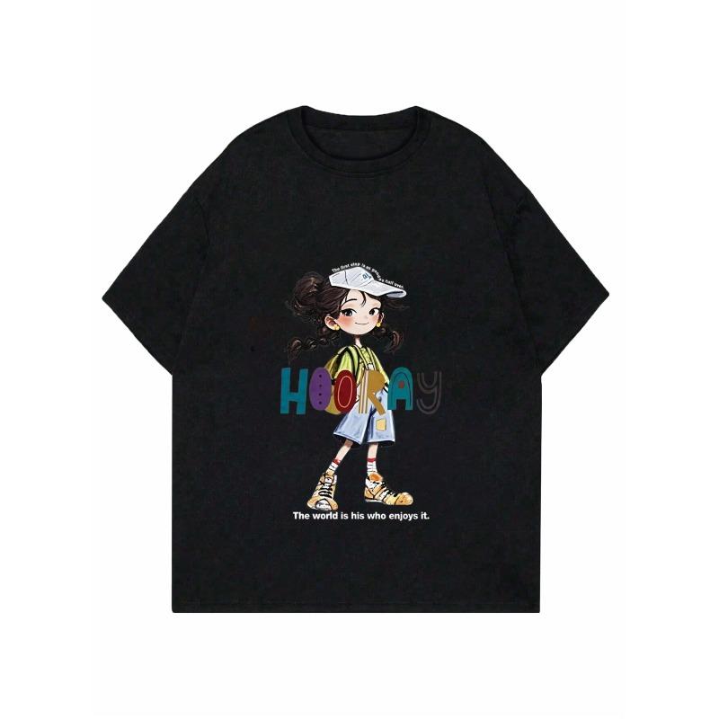 Schwarzes T-Shirt Damen Lässig Cartoon Mädchen Print Locker geschnittenes Oberteil Tägliches Tragen Sommer Outfit Street Style Mode