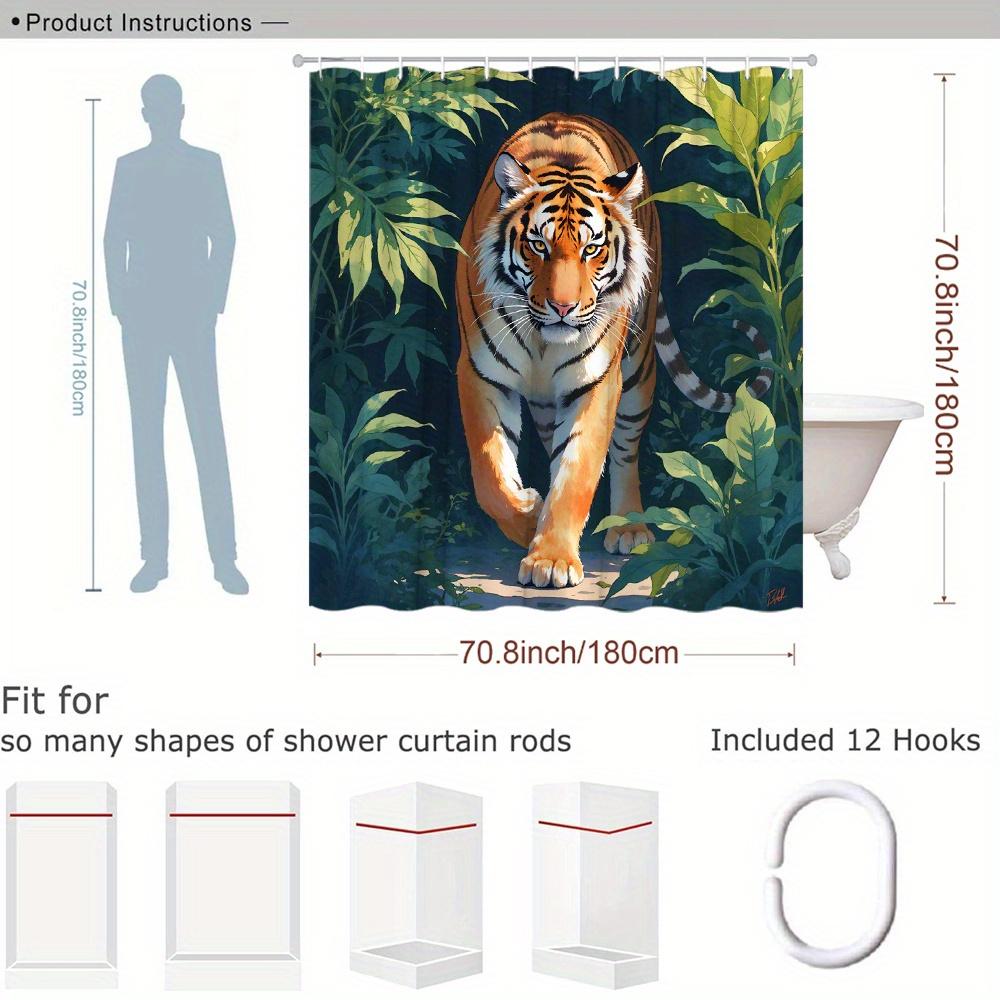 Majestic Tiger Shower Curtain Polyester Bathroom Decoration, Lush Green Leaves, Tropical Jungle Scene, 12 Hooks, 70X 70 Inches