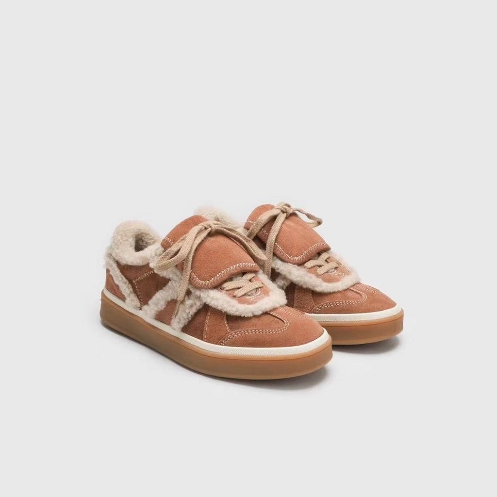 Retro Versatile Lace-up Leather Training Shoes Women's New Lamb Wool Plush Warm Wool Shoes Casual Sports Cotton Shoes