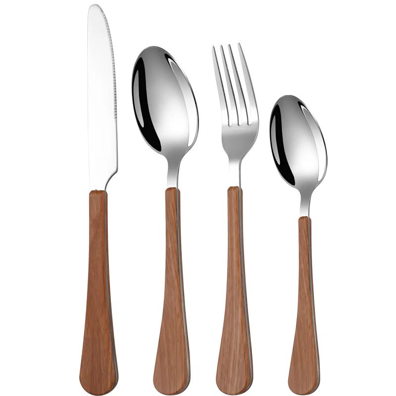 

Нож и вилка из 4 предметов, чайная ложка из нержавеющей стали, имитация деревянной ручки, набор посуды в западном стиле, простая и продвинутая 4pcs/set серебряный