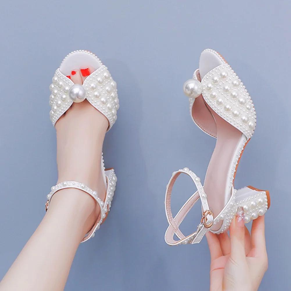 Peep Toe Pearl Women Sandals Square Heel Slingback White Spring Buckle Strap Wedding Fashion Sexy Women Shoes 2026 New Arrivals