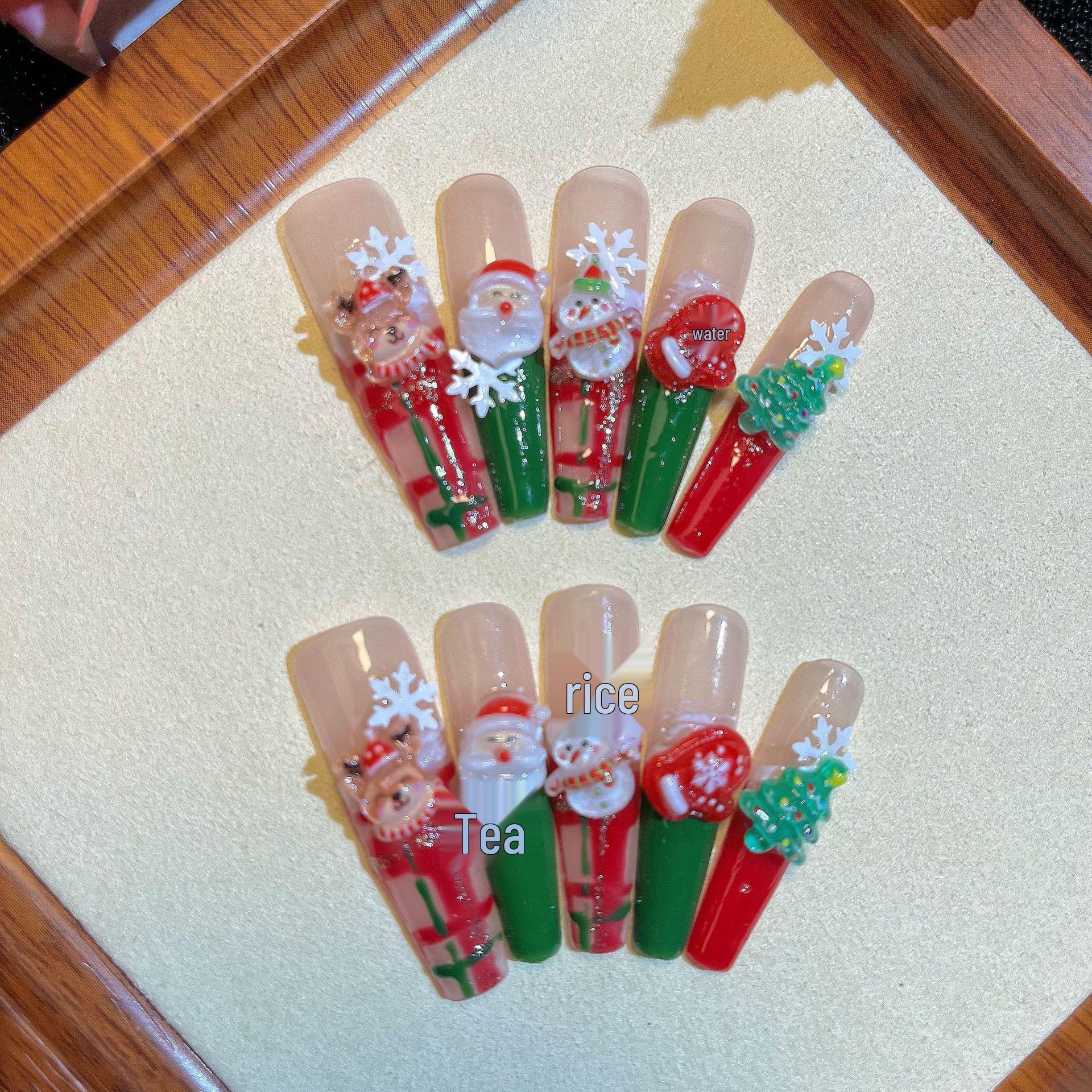 

Носимые ногти ручной работы Рождественский/Новогодний нейл-арт - Мультяшные снеговик и олень. Medium