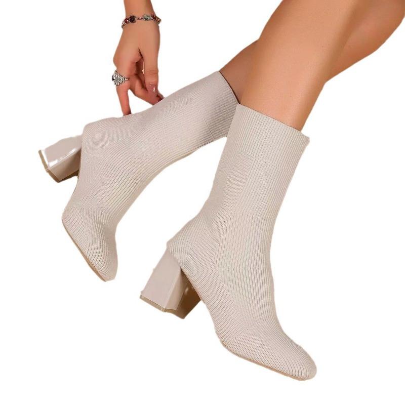 Large Size Elastic Boots Women's Autumn and Winter New Wind Square Head Flying Knitting Women's Boots Thick High Heel Medium Tube Thin Socks Boots