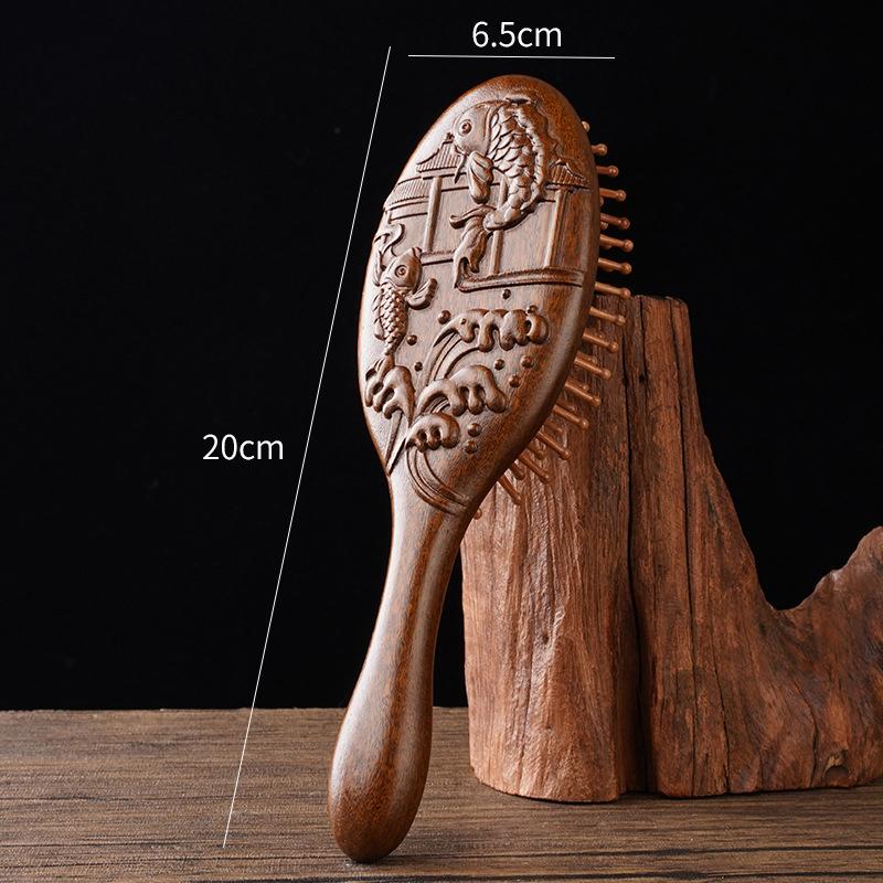 Hand Carved Sandalwood Comb Oval Shape Wooden Air Cushion Comb Styling Brush Fine-Toothed Scalp Massage Brush