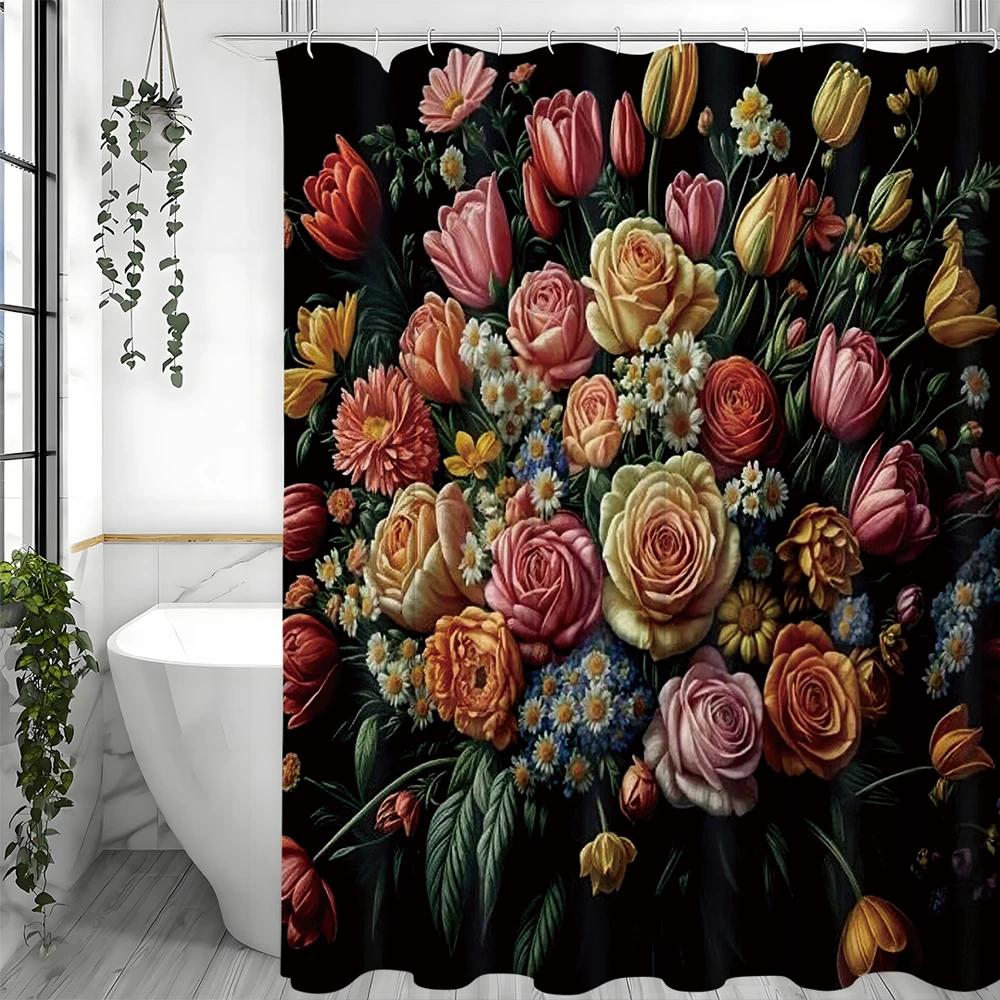 Spring Colorful Flower Shower Curtain, Bathroom Decorative Shower Curtain, Waterproof Shower Curtain with Hooks