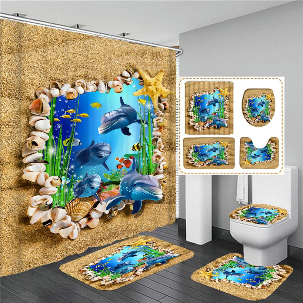 Dream Starry Sky Ocean Jellyfish Bathroom Waterproof Shower Curtain Set with 12 Hooks Bath Non-Slip Mat Rugs Toilet Seat Cover