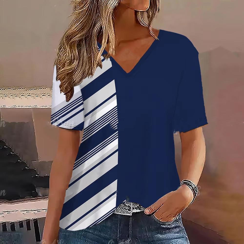 Women T Shirt Simple Stripe 3d Print T-shirt Women Fashion Blue V-Neck Short Sleeve Summer Tops Tees Women Clothing Oversized