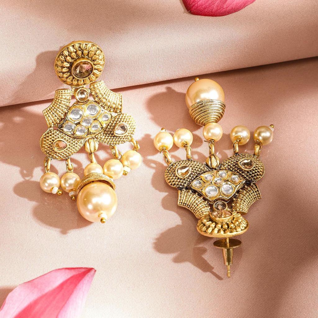 Pearl & White Stone Studded Necklace Jewellery Set For Women