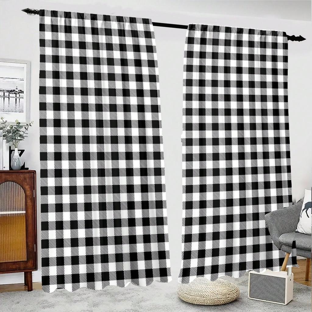 2 Pack Fashion Black and White Buffalo Plaid Printed Curtain   Geometric Artwork Design Modern Home Decor