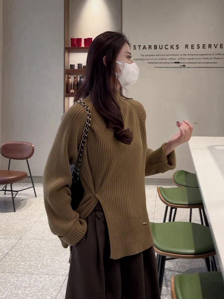 Women's Purple Ribbed Knit Semi-High Neck Sweater with Hem Side Slit - Slimming Spring/Summer Fashion Top
