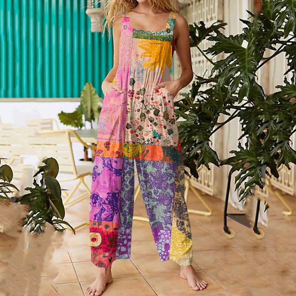 Women's Fashion Casual Loose Back Straps Wide Leg Vintage Printed Jumpsuit