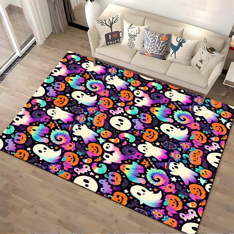 Colorful Halloween Ghosts and Pumpkins Rug Non-slip Rug Suitable for Living Room and Bedroom Sofas.