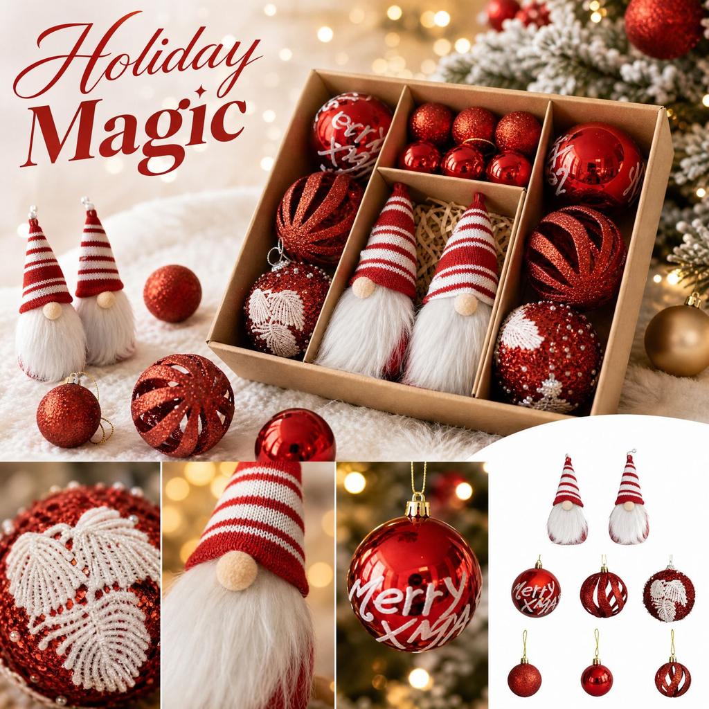 Christmas Ornaments Set with Faceless Santa Hanging Decor, Painted and Flocked Tree Balls, Box